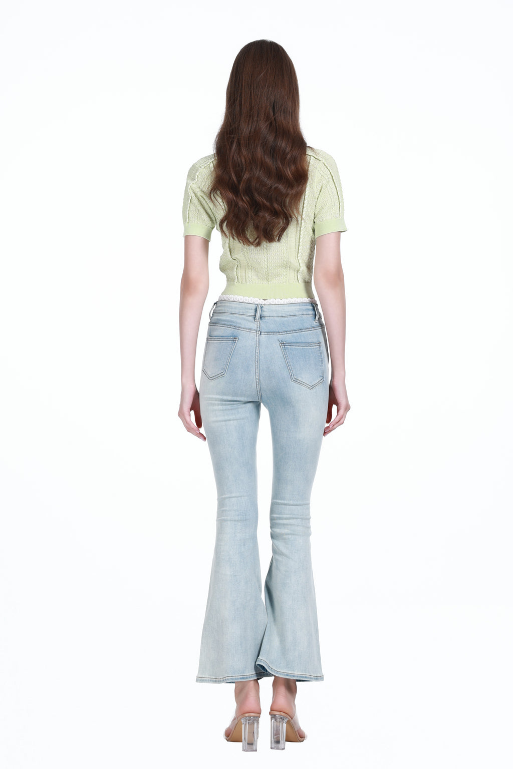 Polo Collar Short Sleeve Lace Trim Cable Detail Knitted Cardigan