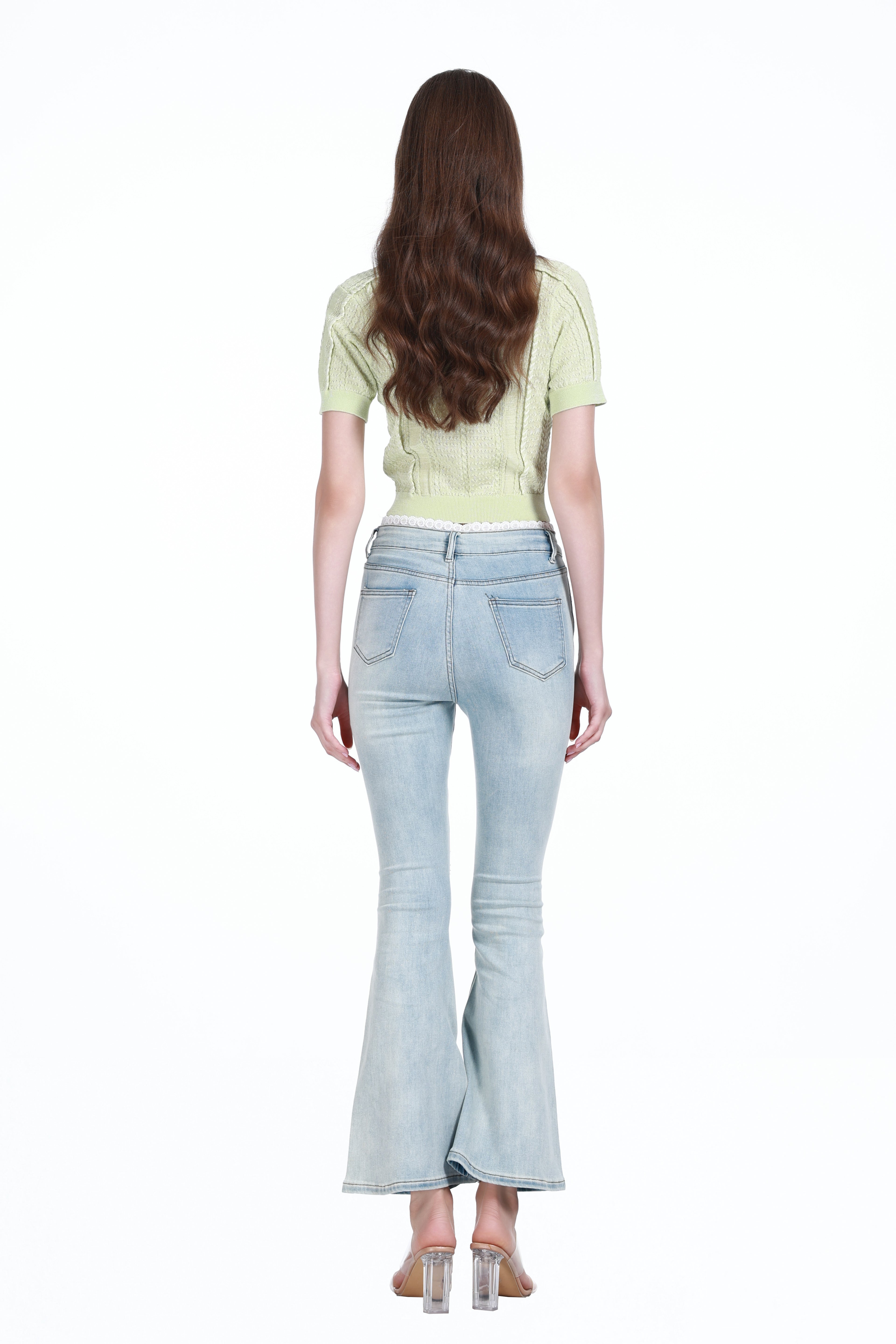 Polo Collar Short Sleeve Lace Trim Cable Detail Knitted Cardigan