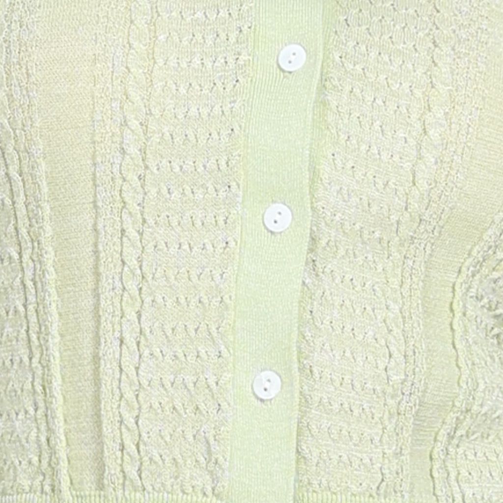 Polo Collar Short Sleeve Lace Trim Cable Detail Knitted Cardigan