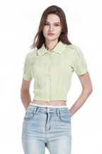 Polo Collar Short Sleeve Lace Trim Cable Detail Knitted Cardigan