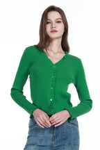 Ruffle Trim V-neck Long Sleeve Covered Buttons Knitted Cardigan