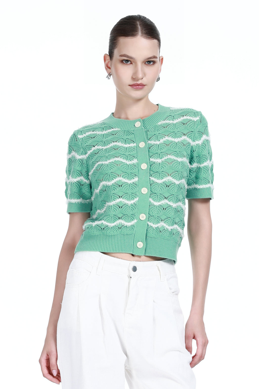 Crew-neck Short Sleeve Wavy Stripes Hollow-out Covered Buttons Knitted Cardigan