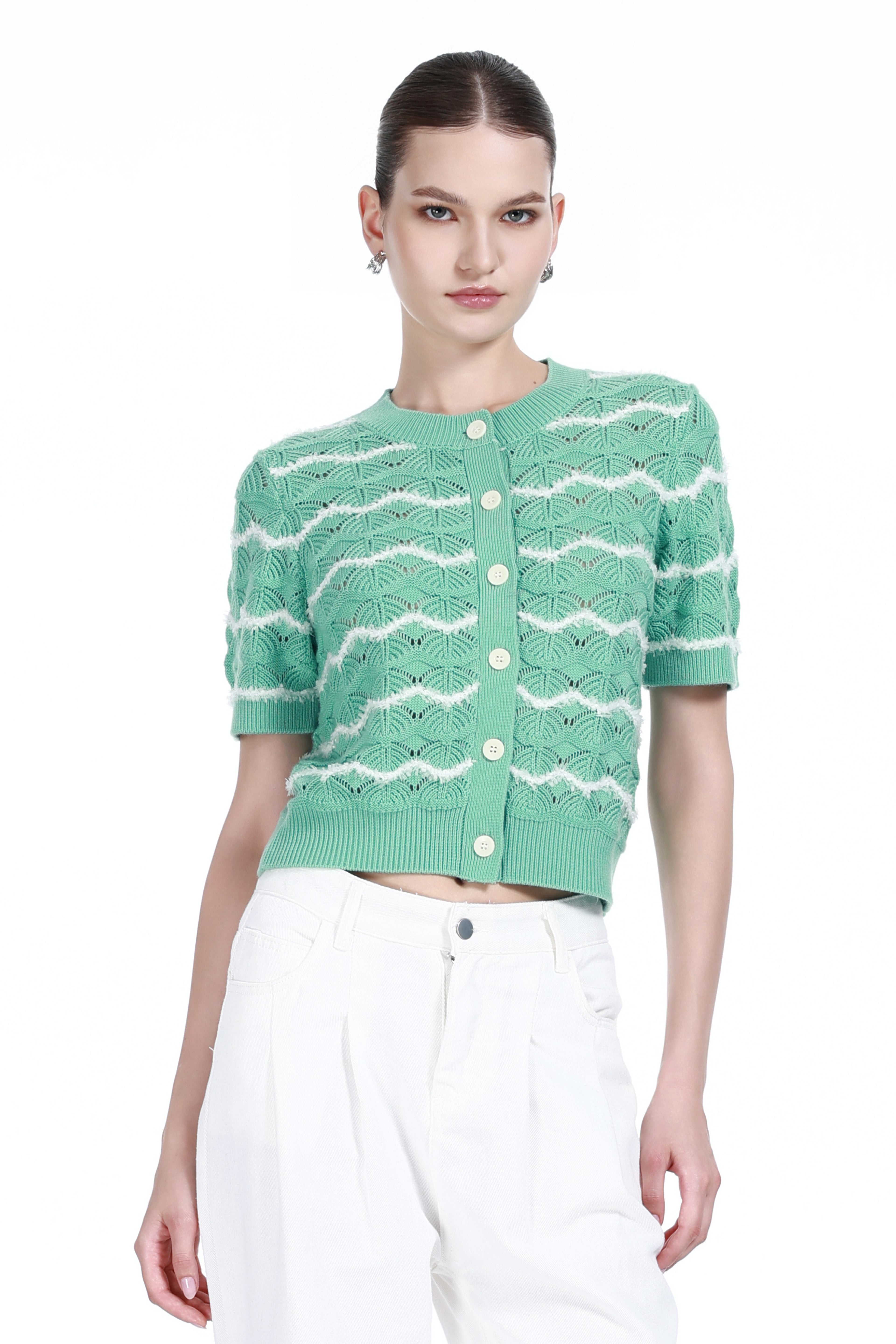 Crew-neck Short Sleeve Wavy Stripes Hollow-out Covered Buttons Knitted Cardigan