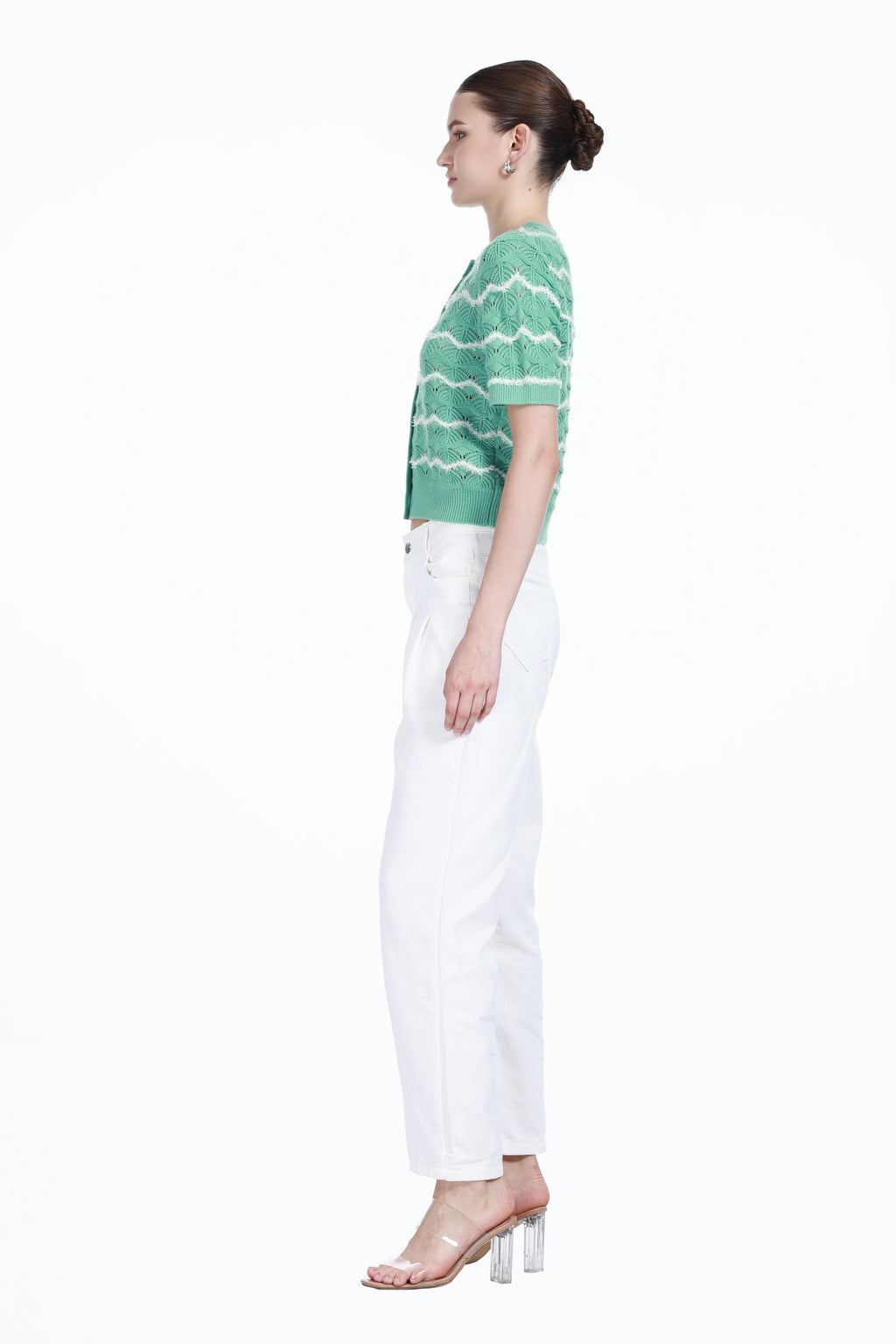 Crew-neck Short Sleeve Wavy Stripes Hollow-out Covered Buttons Knitted Cardigan