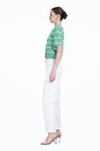 Crew-neck Short Sleeve Wavy Stripes Hollow-out Covered Buttons Knitted Cardigan