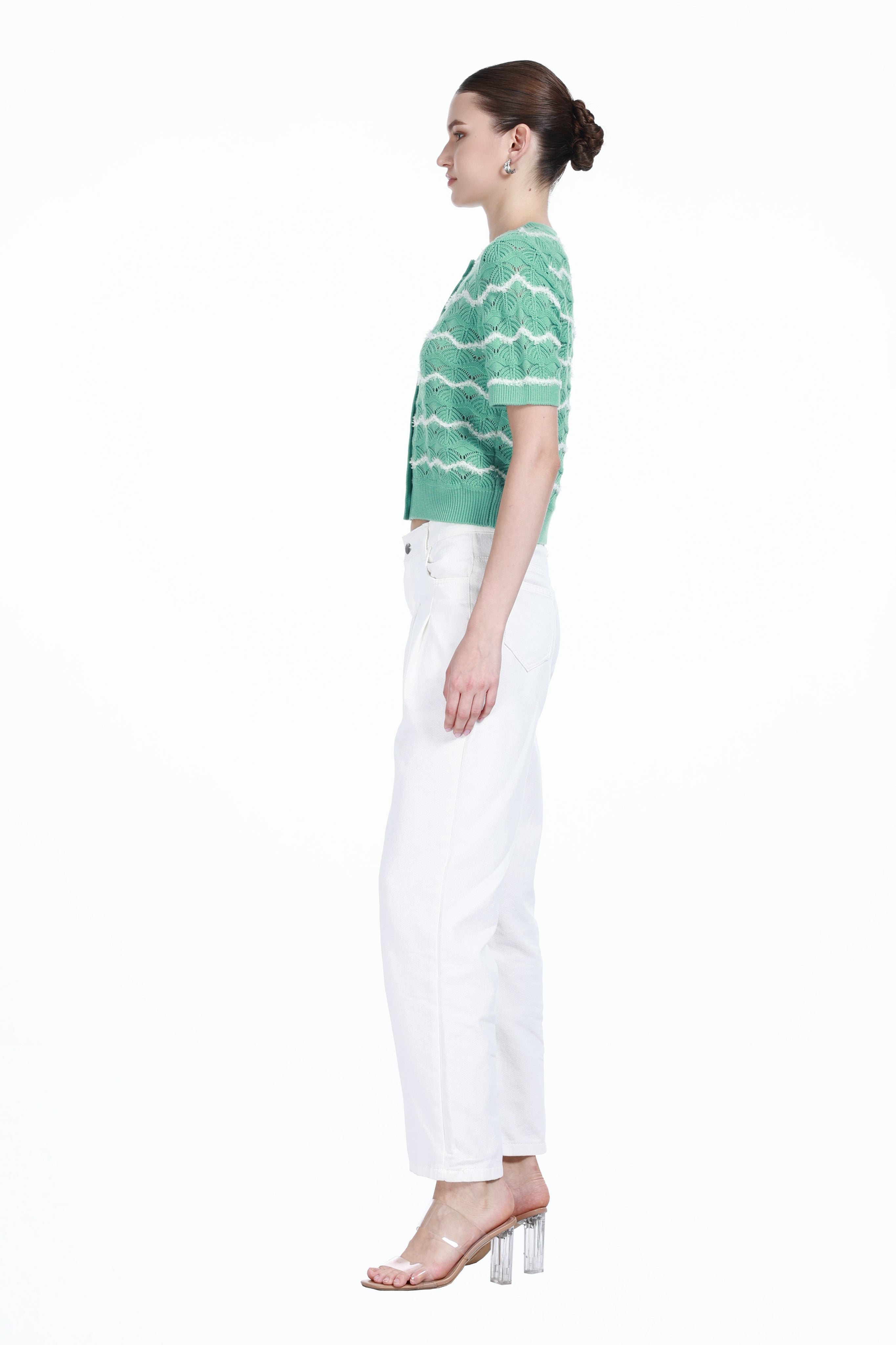 Crew-neck Short Sleeve Wavy Stripes Hollow-out Covered Buttons Knitted Cardigan