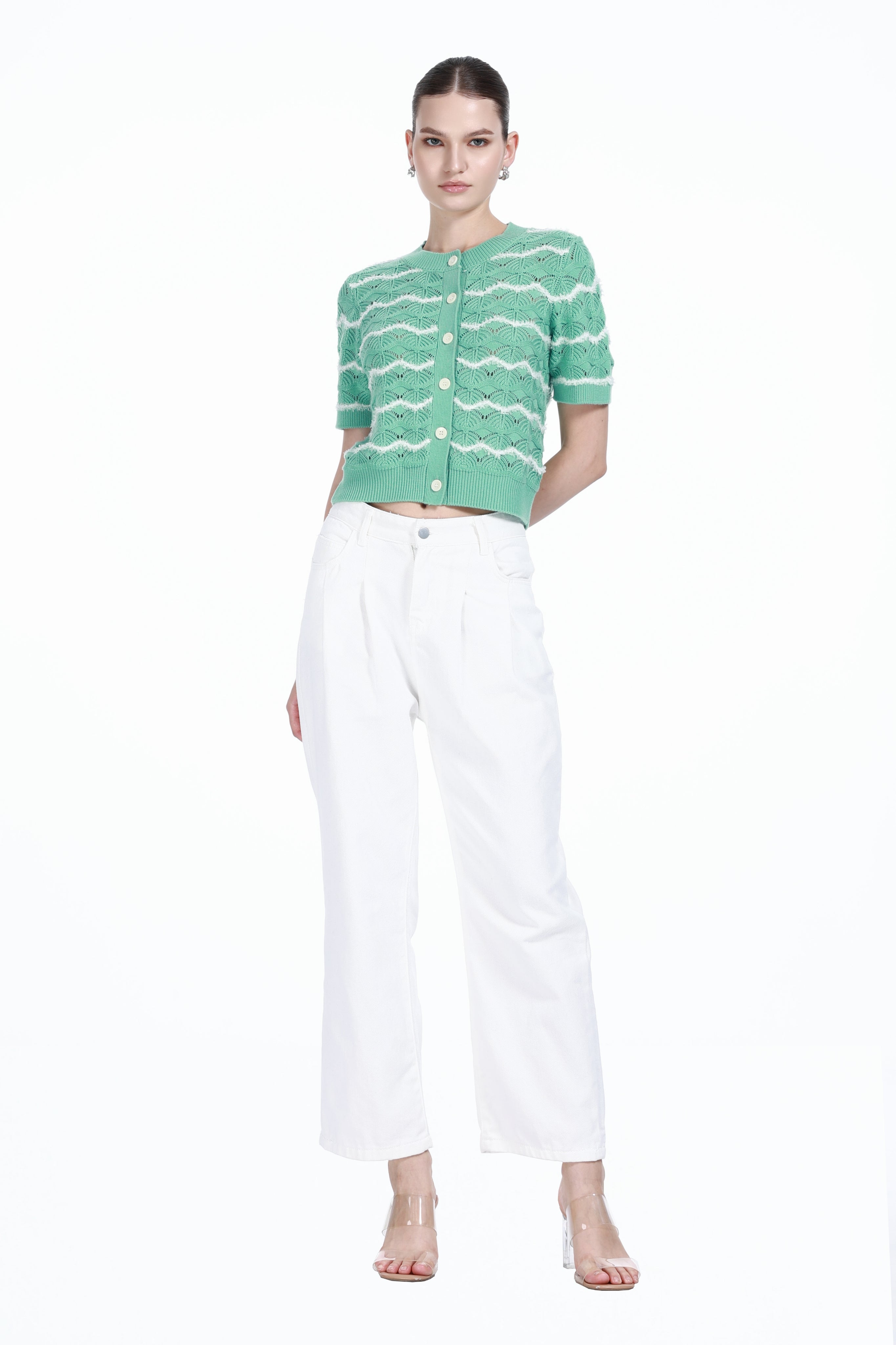 Crew-neck Short Sleeve Wavy Stripes Hollow-out Covered Buttons Knitted Cardigan