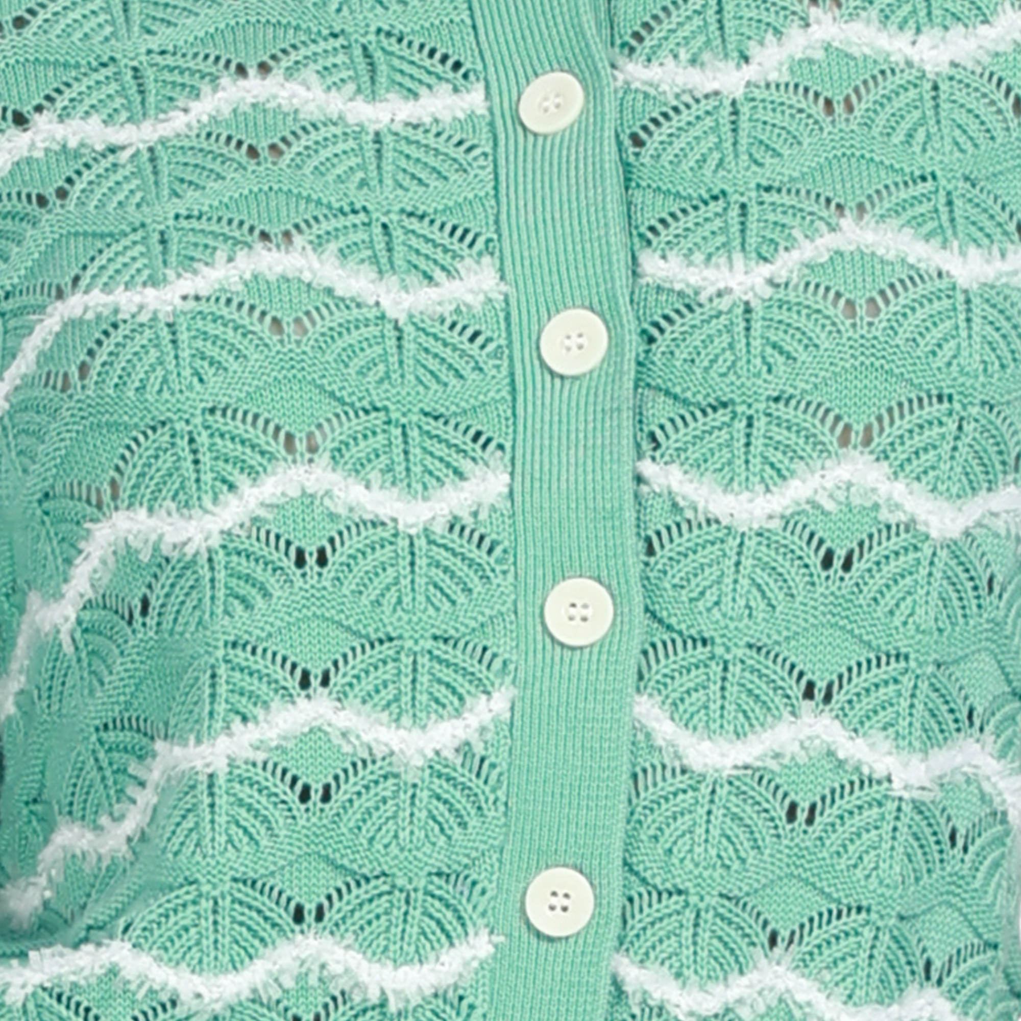 Crew-neck Short Sleeve Wavy Stripes Hollow-out Covered Buttons Knitted Cardigan