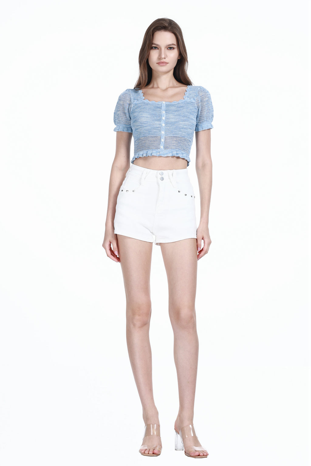 Square Neck Short Sleeve Ruffled Trim Hollow-out Knitted Cardigan