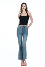 Halter-neck Sleeveless Metal Ring Detail Solid Slim-fit Knitted Camisole Top