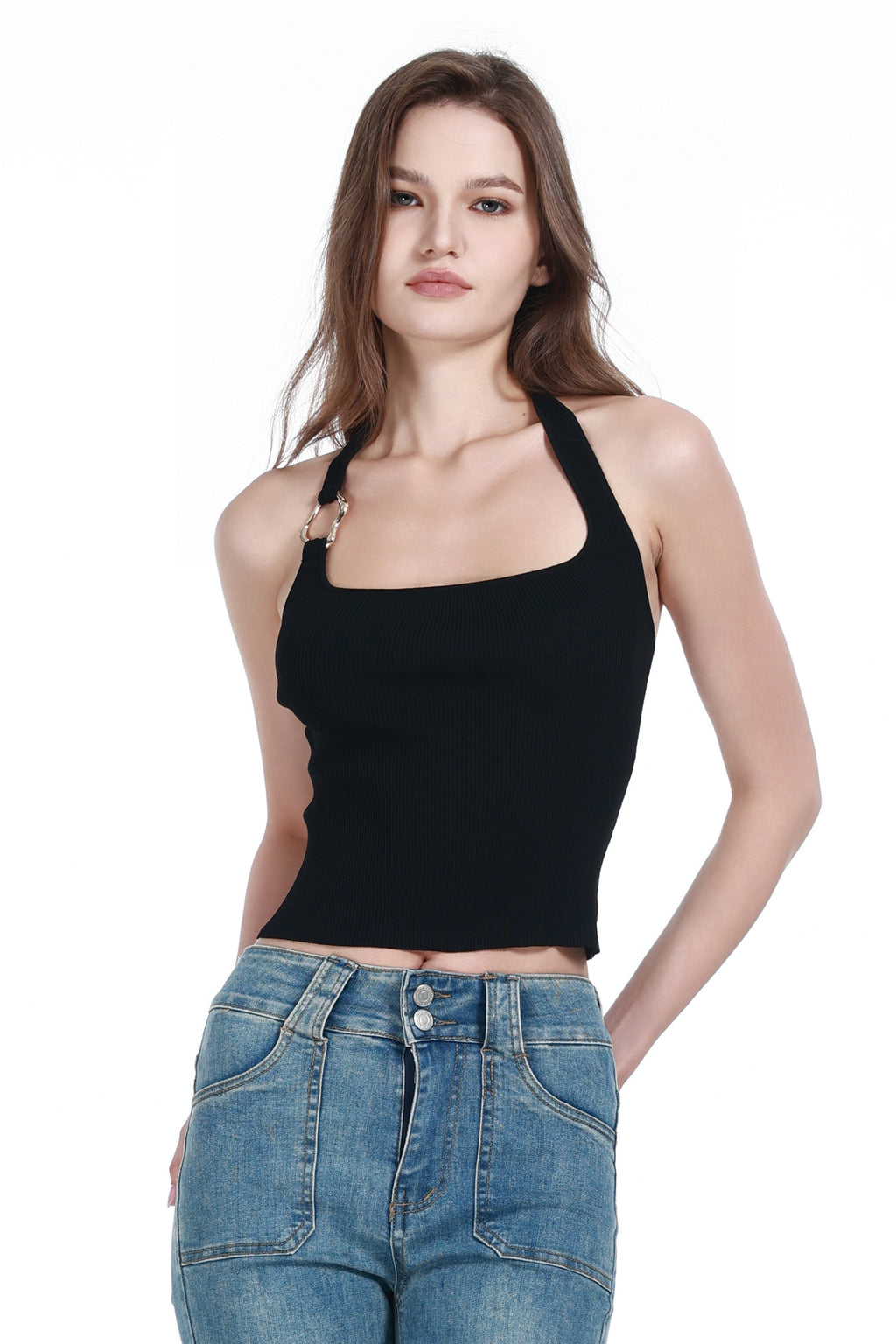 Halter-neck Sleeveless Metal Ring Detail Solid Slim-fit Knitted Camisole Top