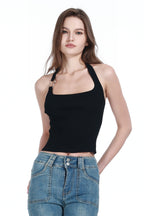 Halter-neck Sleeveless Metal Ring Detail Solid Slim-fit Knitted Camisole Top