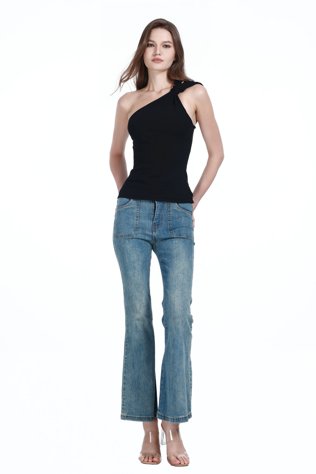 One-shoulder Sleeveless Metal Ring Detail Solid Slim-fit Knitted Camisole Top