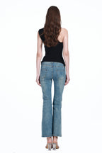 One-shoulder Sleeveless Metal Ring Detail Solid Slim-fit Knitted Camisole Top