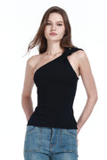 One-shoulder Sleeveless Metal Ring Detail Solid Slim-fit Knitted Camisole Top