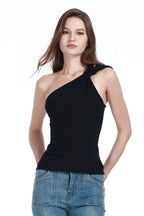 One-shoulder Sleeveless Metal Ring Detail Solid Slim-fit Knitted Camisole Top