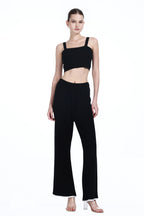 Square Neck Sleeveless Camisole Top & Matching Wide-leg Lace Trim Pant Solid Knitted Set