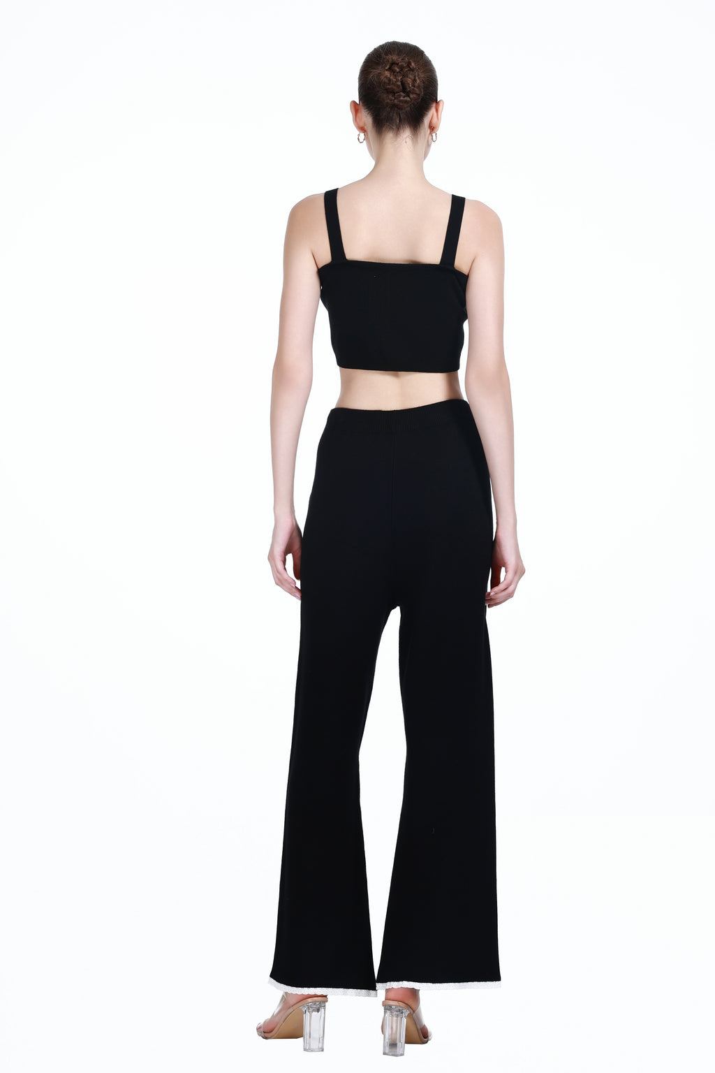 Square Neck Sleeveless Camisole Top & Matching Wide-leg Lace Trim Pant Solid Knitted Set