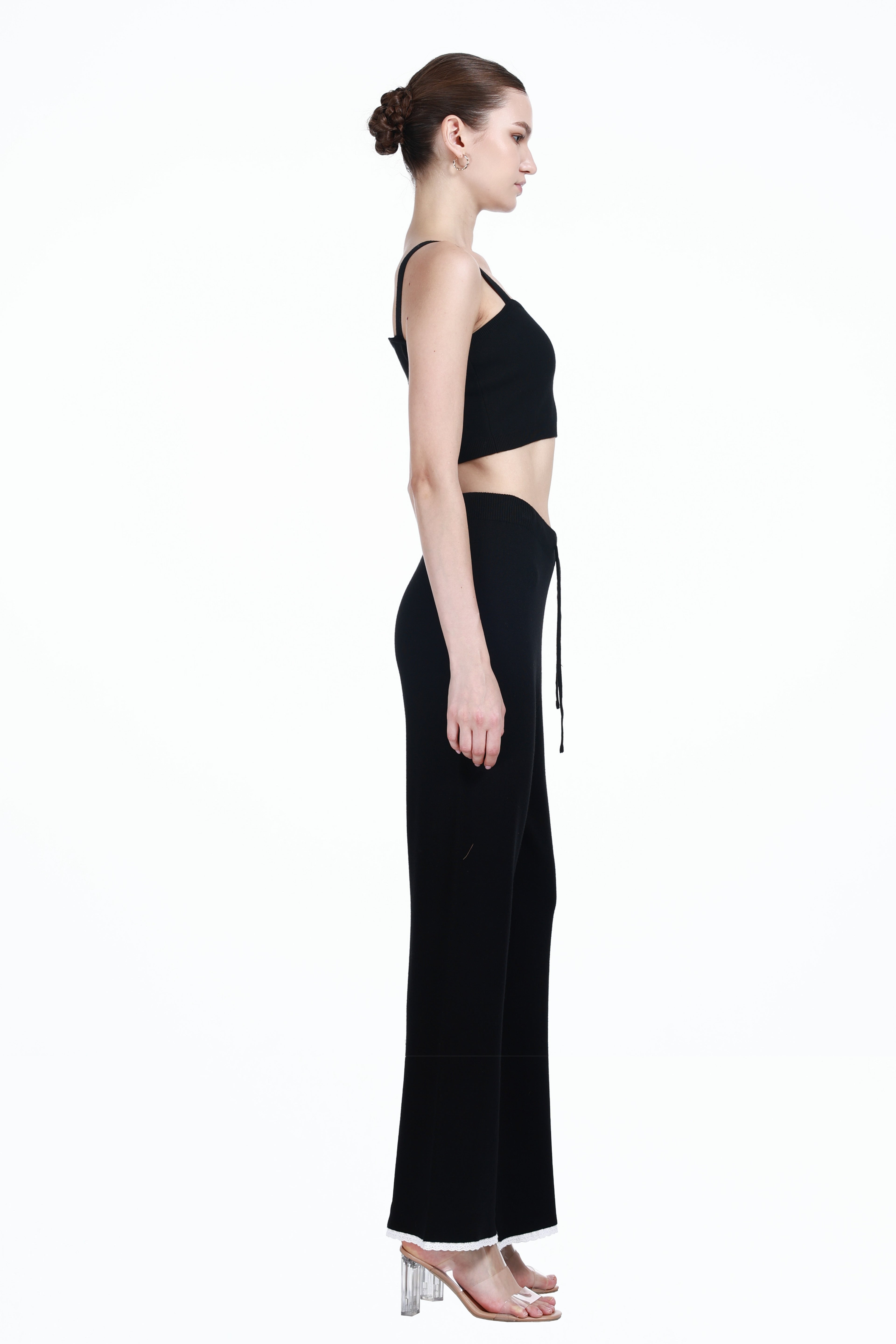 Square Neck Sleeveless Camisole Top & Matching Wide-leg Lace Trim Pant Solid Knitted Set