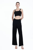 Square Neck Sleeveless Camisole Top & Matching Wide-leg Lace Trim Pant Solid Knitted Set