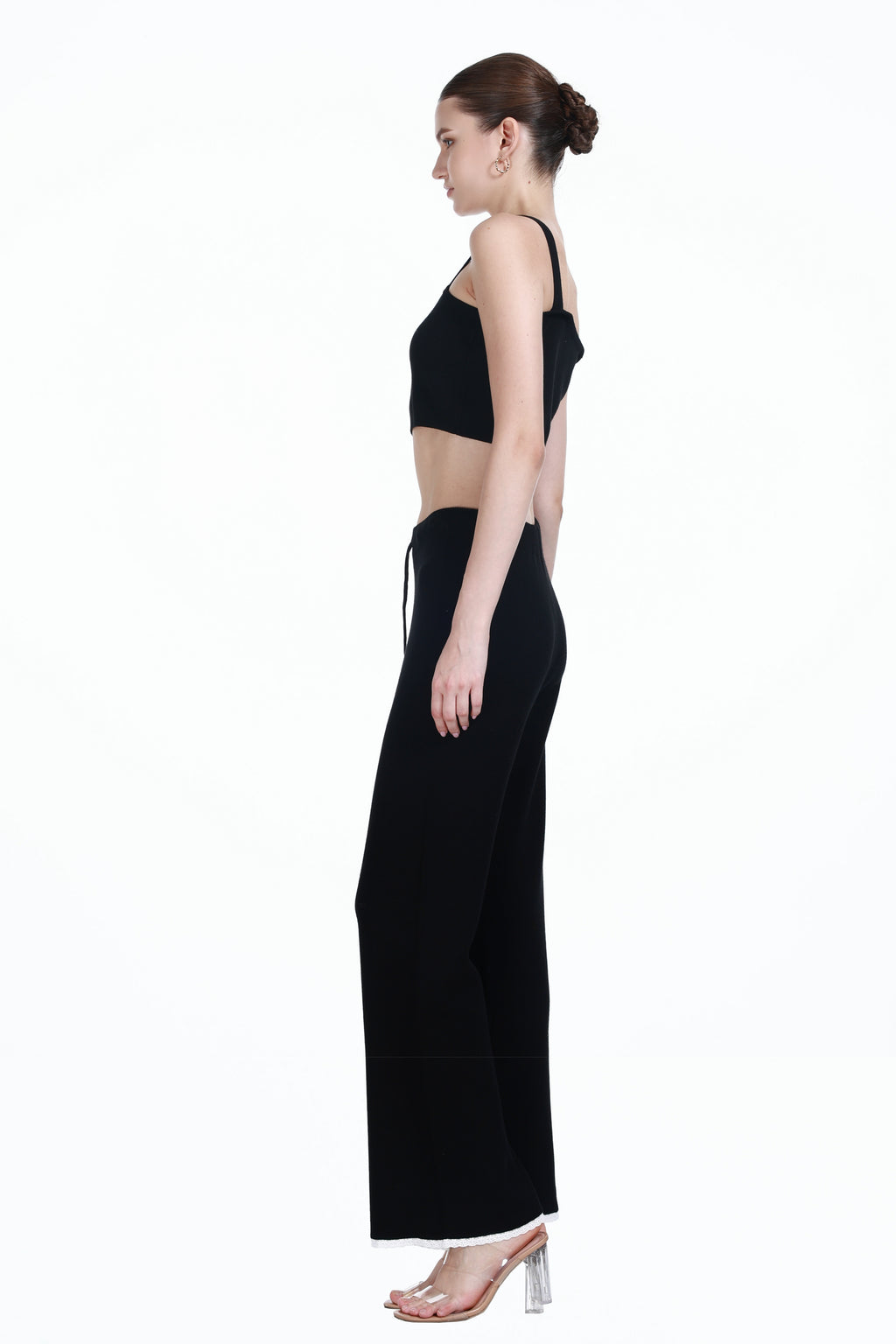 Square Neck Sleeveless Camisole Top & Matching Wide-leg Lace Trim Pant Solid Knitted Set