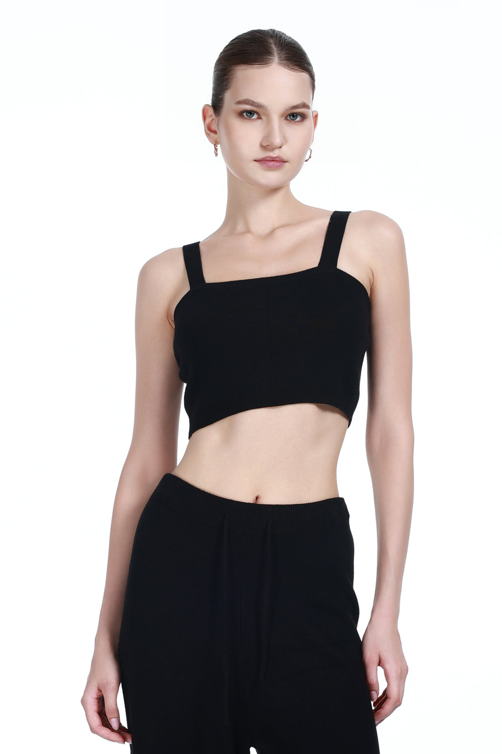 Square Neck Sleeveless Camisole Top & Matching Wide-leg Lace Trim Pant Solid Knitted Set