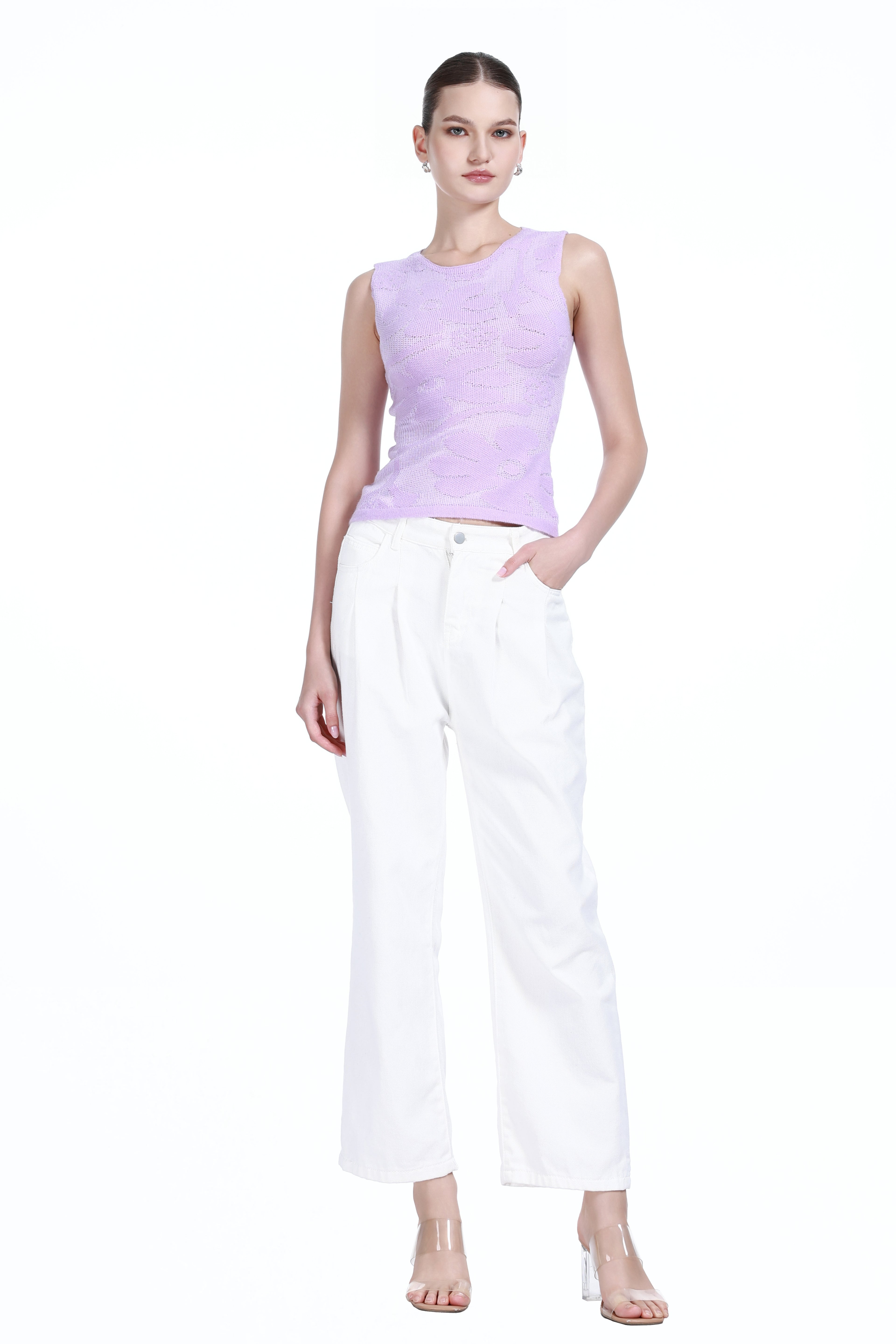 Crew-neck Sleeveless Floral Jacquard Solid Knitted Tank Top