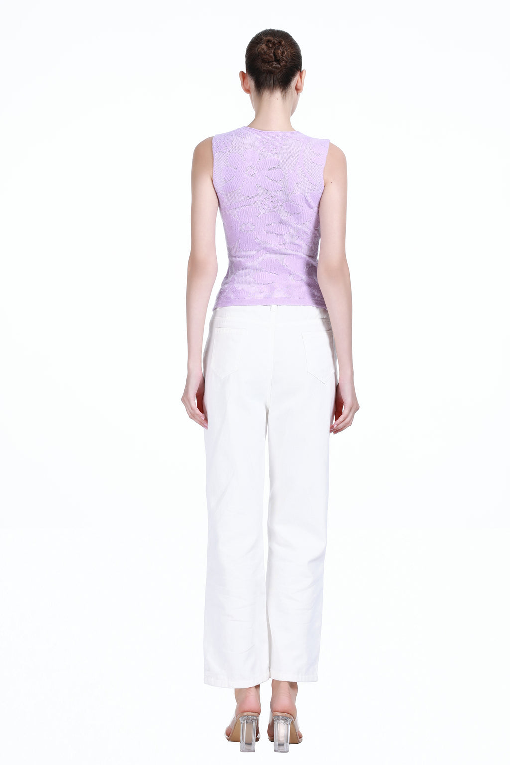 Crew-neck Sleeveless Floral Jacquard Solid Knitted Tank Top