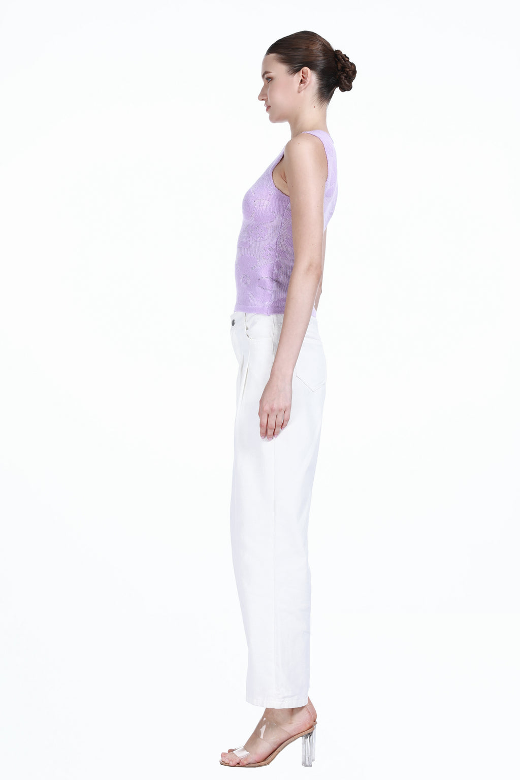 Crew-neck Sleeveless Floral Jacquard Solid Knitted Tank Top