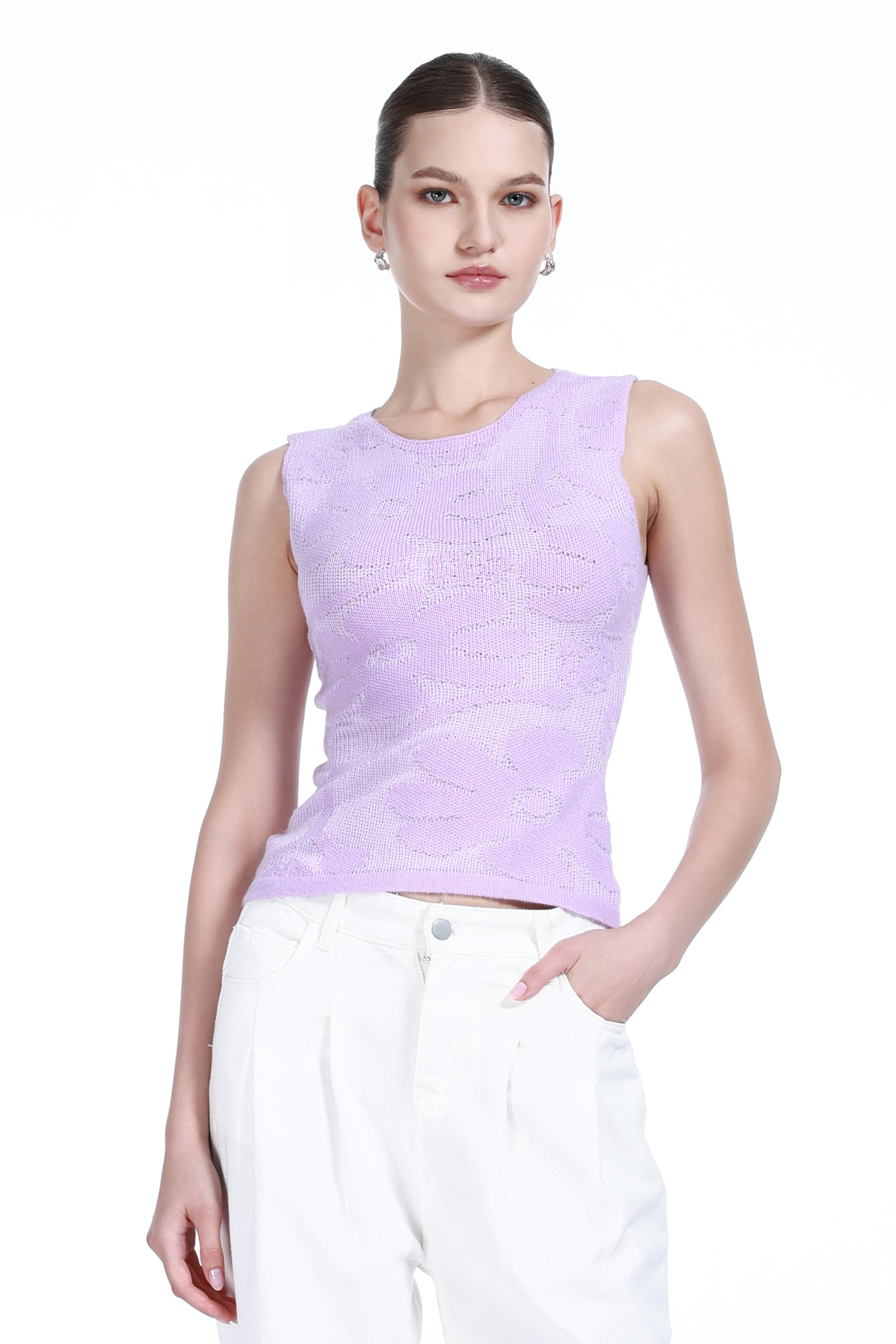 Crew-neck Sleeveless Floral Jacquard Solid Knitted Tank Top
