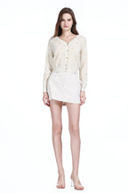 V-neck Scalloped Trim Long Sleeve Gilt Floral Jacquard Knitted Cardigan