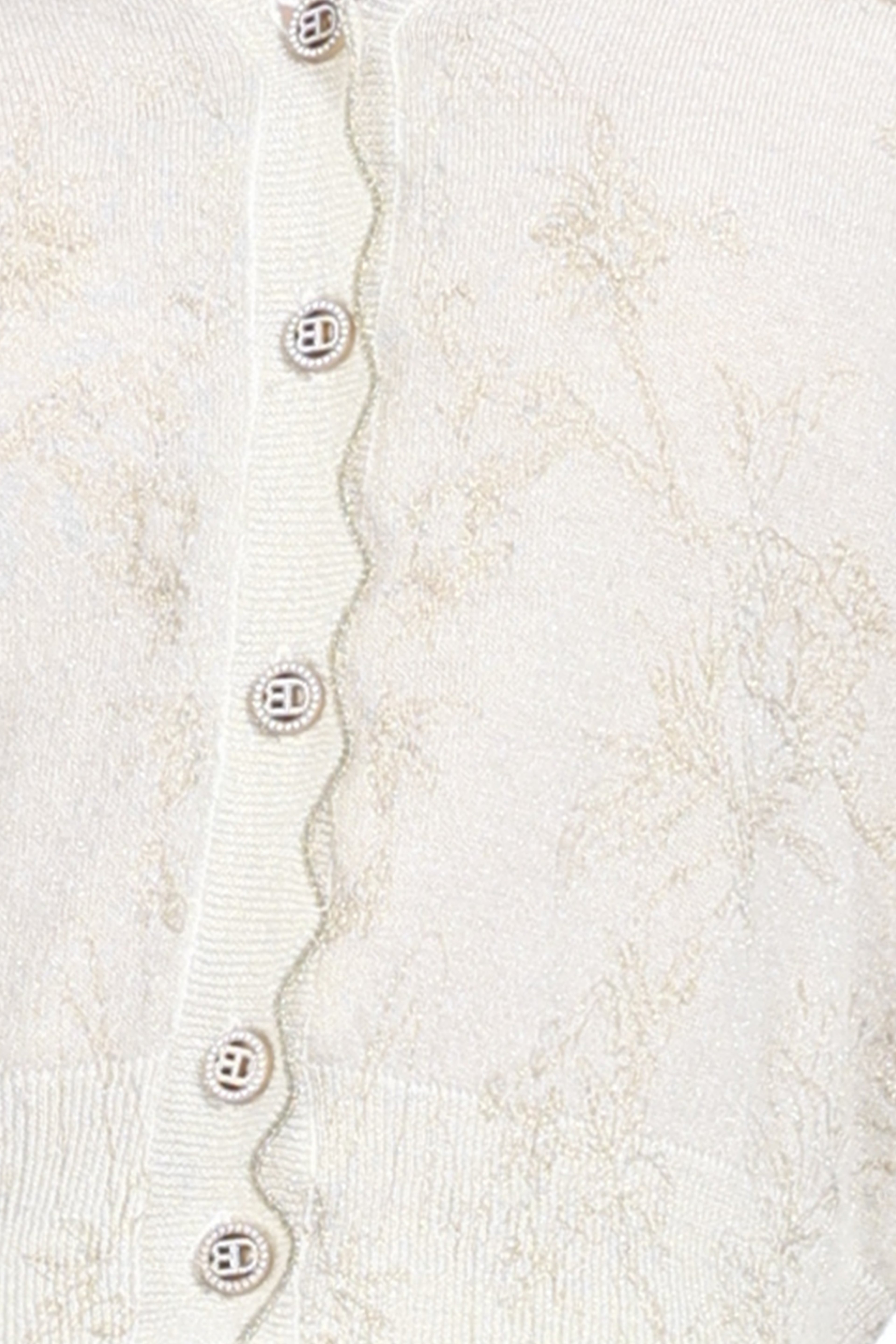 V-neck Scalloped Trim Long Sleeve Gilt Floral Jacquard Knitted Cardigan