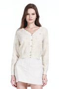 V-neck Scalloped Trim Long Sleeve Gilt Floral Jacquard Knitted Cardigan