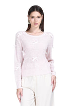 Round Neck Long Sleeve 3D Satin Bow Solid Pullover Knitted Top