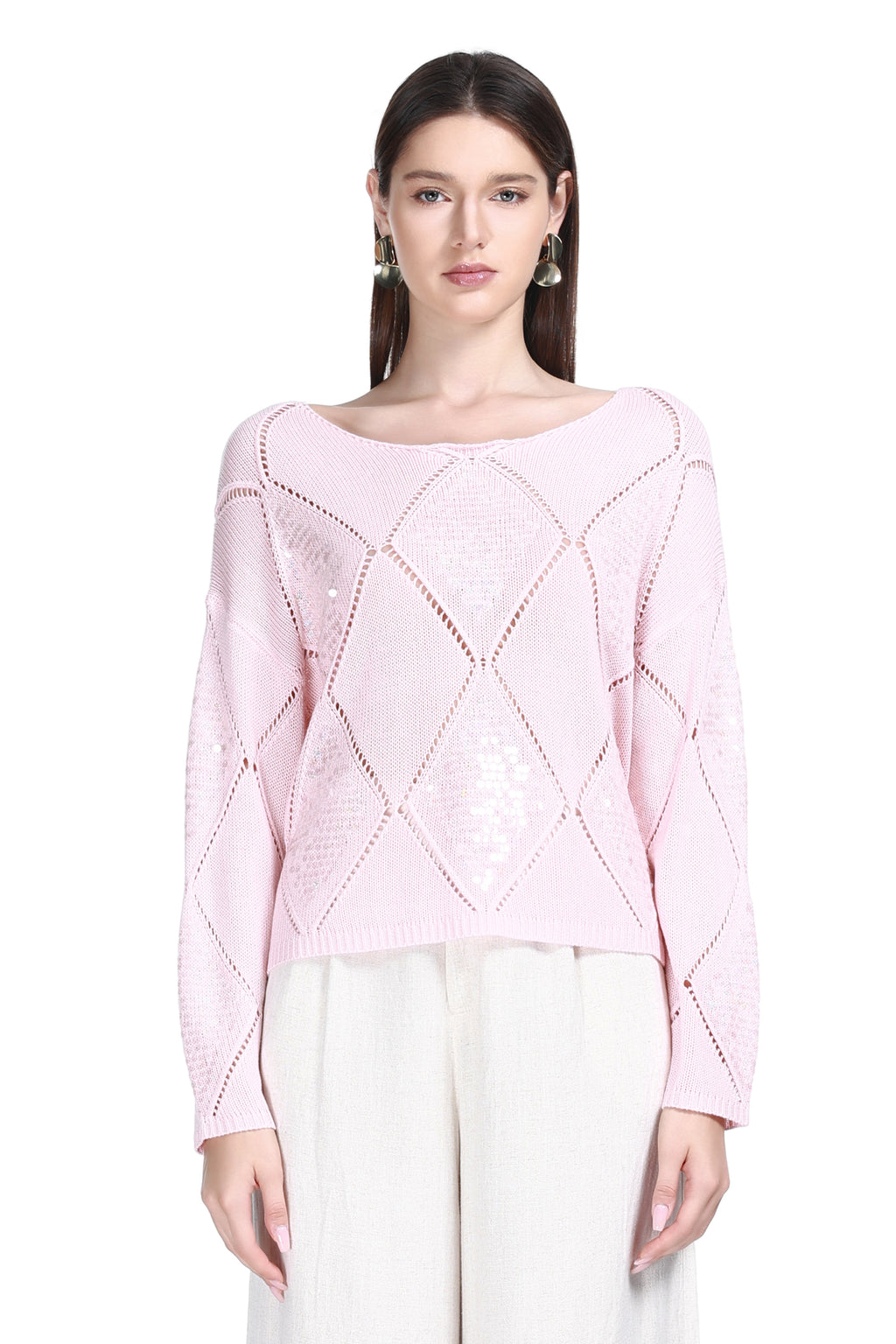 Boat Neck Long Sleeve Diamond Hollow-out Solid Pullover Knitted Top