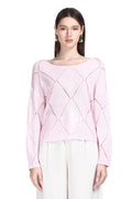 Boat Neck Long Sleeve Diamond Hollow-out Solid Pullover Knitted Top