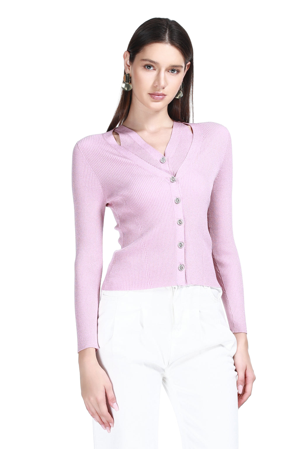 V-neck Long Sleeve Ribbed Fake Two-pieces Solid Knitted Cardigan