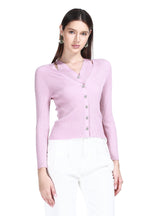 V-neck Long Sleeve Ribbed Fake Two-pieces Solid Knitted Cardigan