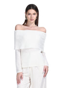 Fold-down Off-shoulder Long Sleeve Solid Knitted Top