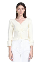 V-neck Long Sleeve Serrated Trim Ruffled Hem Pleated Knitted Cardigan