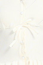 V-neck Long Sleeve Serrated Trim Ruffled Hem Pleated Knitted Cardigan