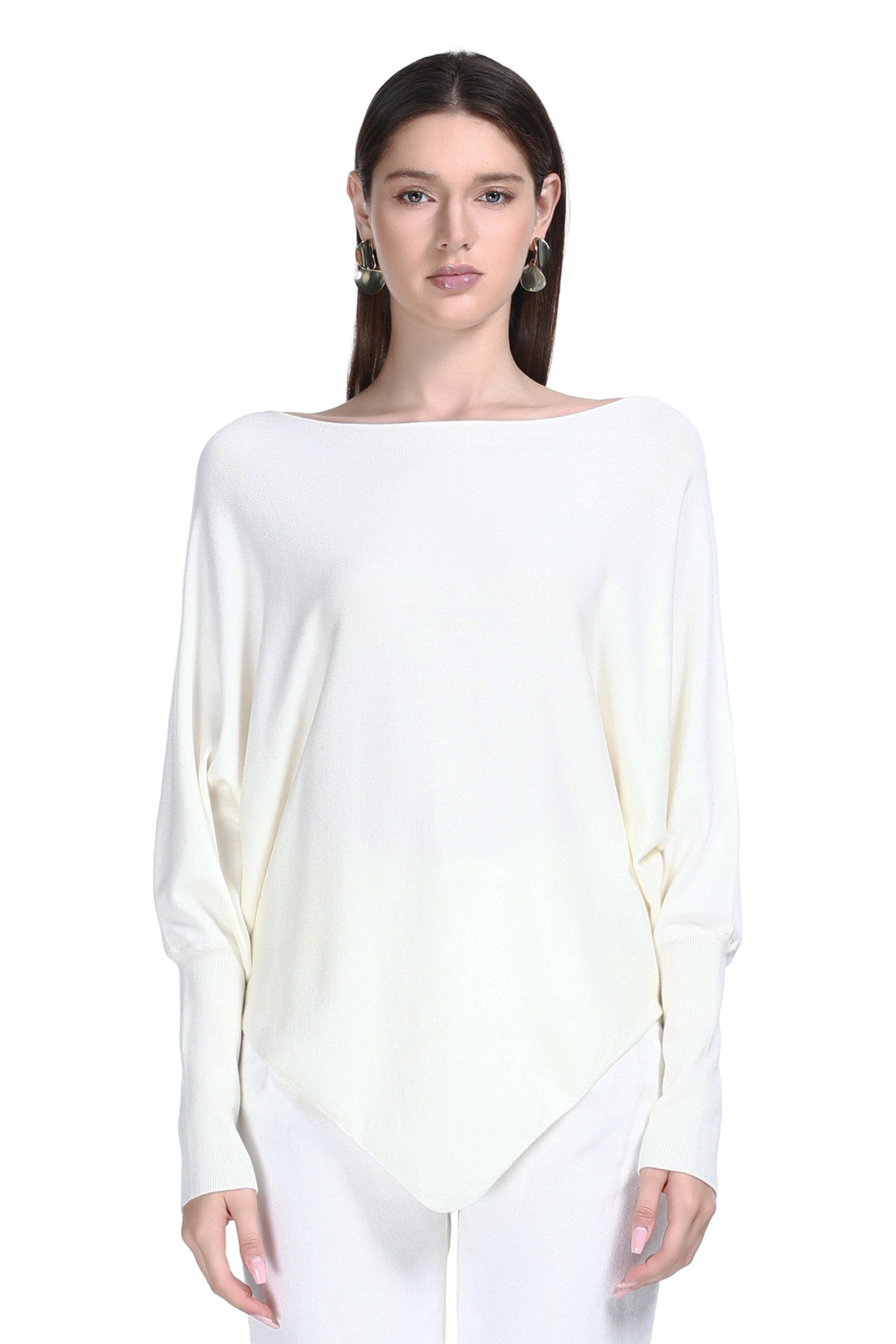 Boat Neck Batwing Long Sleeve Asymmetric Hem Knitted Top
