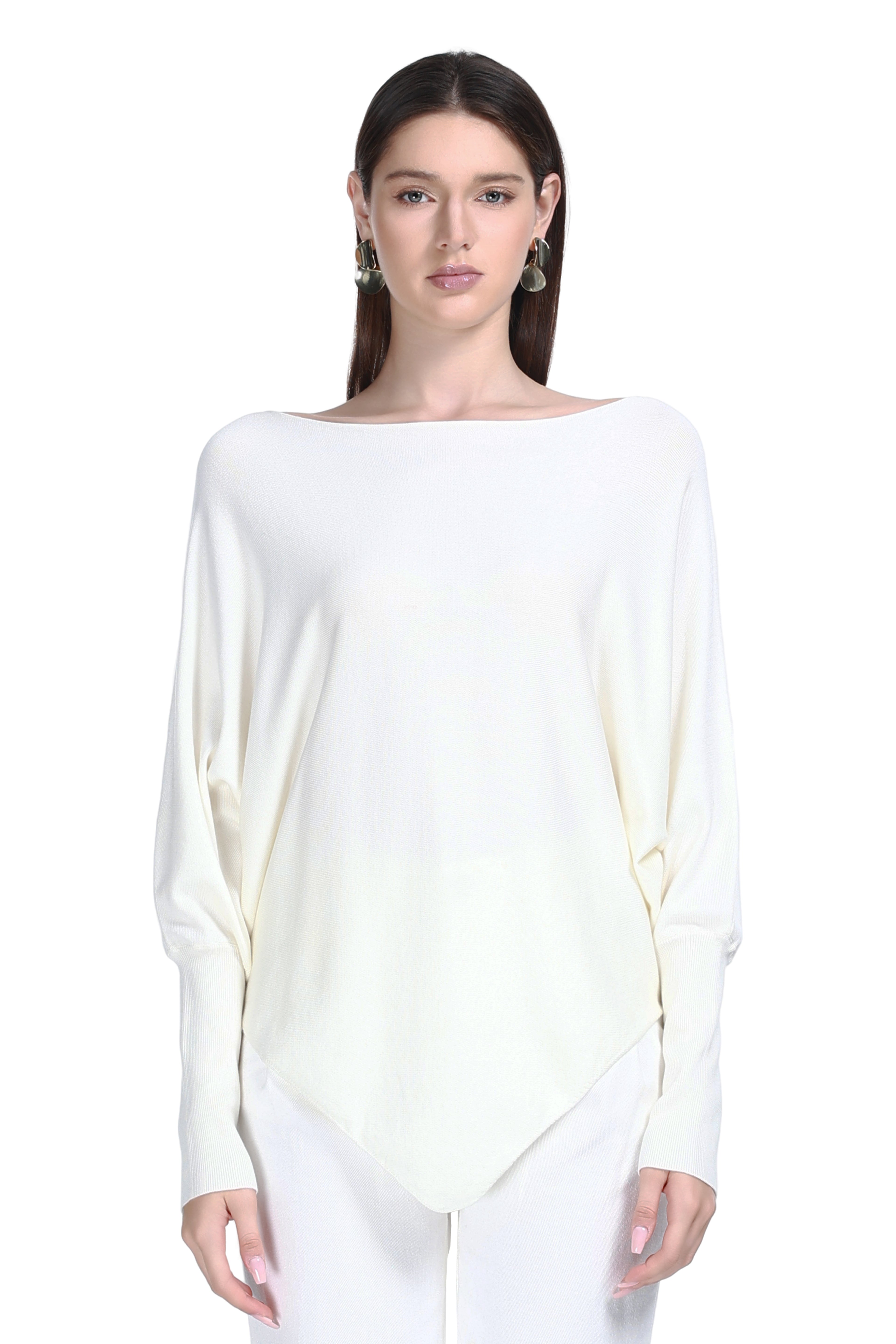 Boat Neck Batwing Long Sleeve Asymmetric Hem Knitted Top