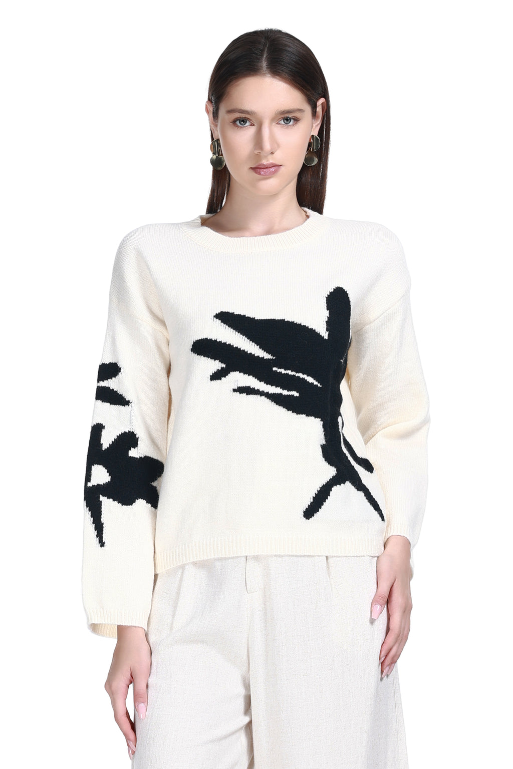 Crew Neck Long Sleeve Irregular Pattern Drop Shoulder Knitted Top