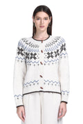 Crew Neck Long Sleeve Fair Isle Jacquard Wooden Buttons Knitted Cardigan