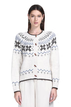 Crew Neck Long Sleeve Fair Isle Jacquard Wooden Buttons Knitted Cardigan