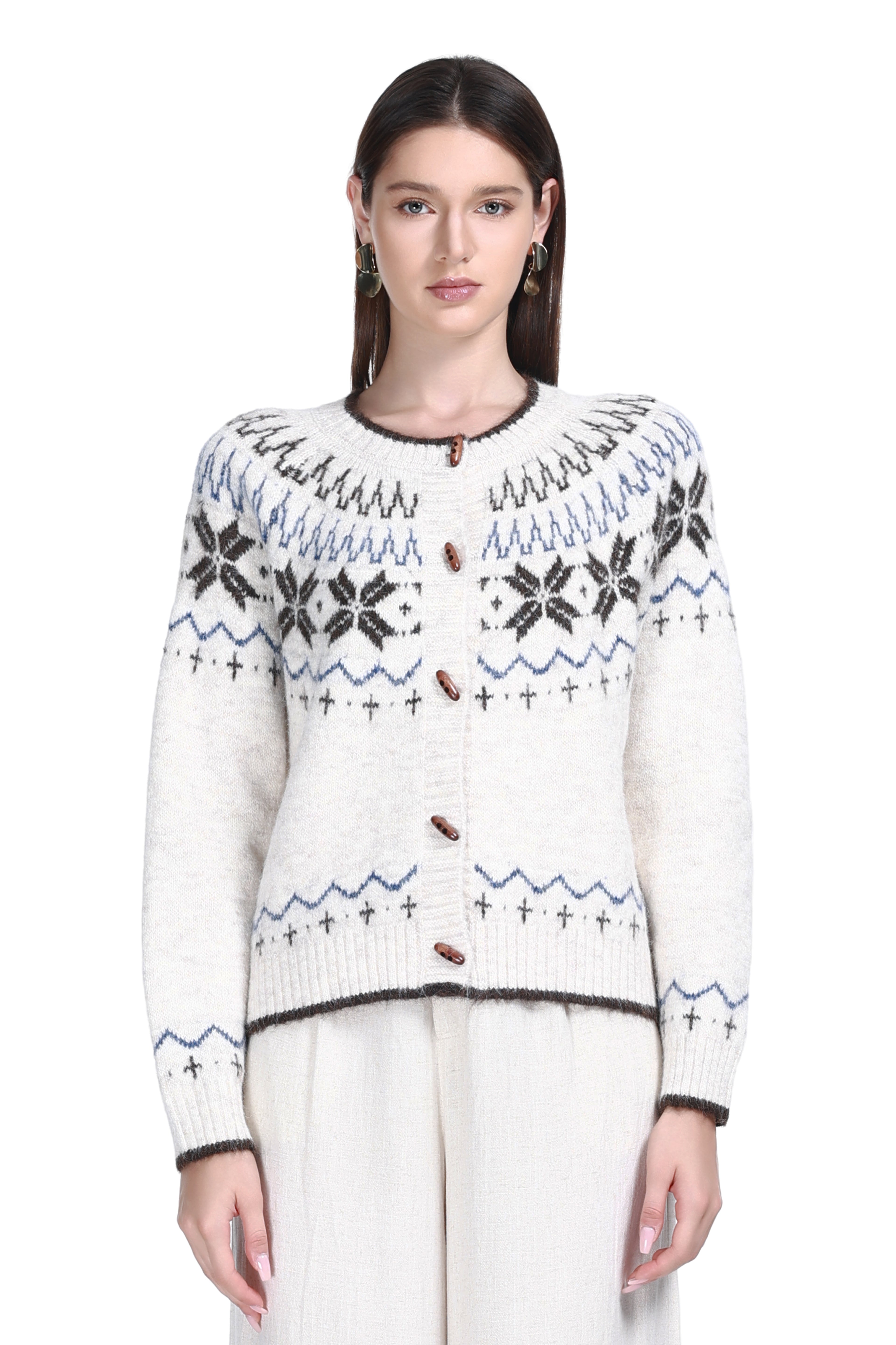 Crew Neck Long Sleeve Fair Isle Jacquard Wooden Buttons Knitted Cardigan