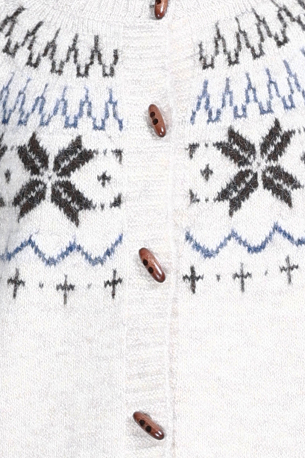 Crew Neck Long Sleeve Fair Isle Jacquard Wooden Buttons Knitted Cardigan