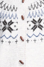 Crew Neck Long Sleeve Fair Isle Jacquard Wooden Buttons Knitted Cardigan