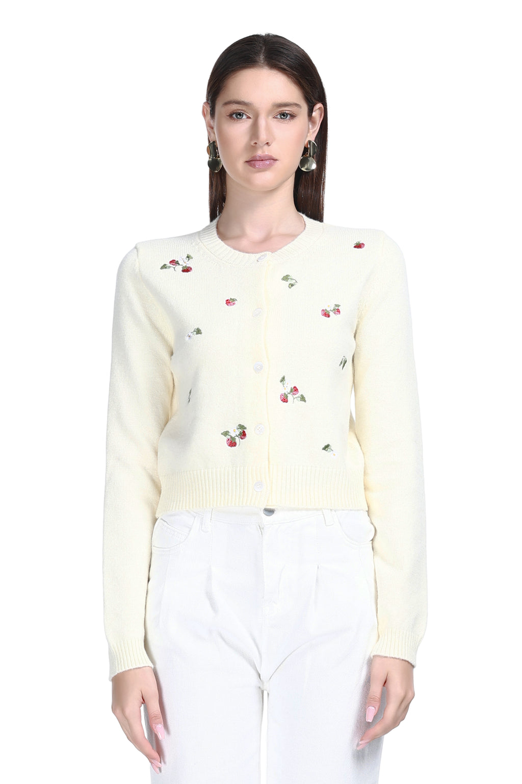 Crew Neck Long Sleeve Fruit Embroidery Buttons Knitted Short Cardigan